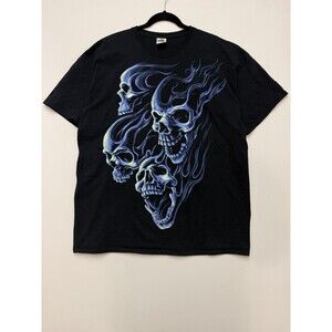 VTG Flaming Skulls Pile Tshirt Size 2XL Black Glow In The Dark Y2K Jesse Pinkman
